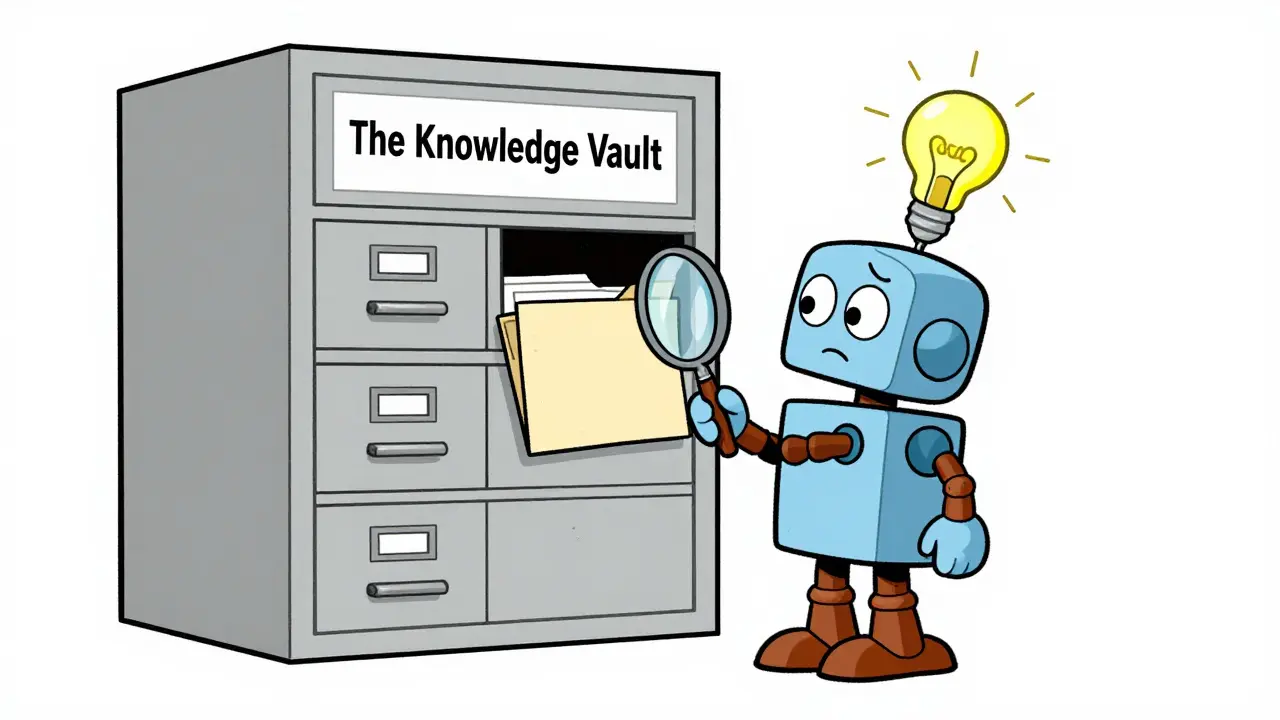 Robot looking at an empty folder in a giant filing cabinet with a puzzled expression.