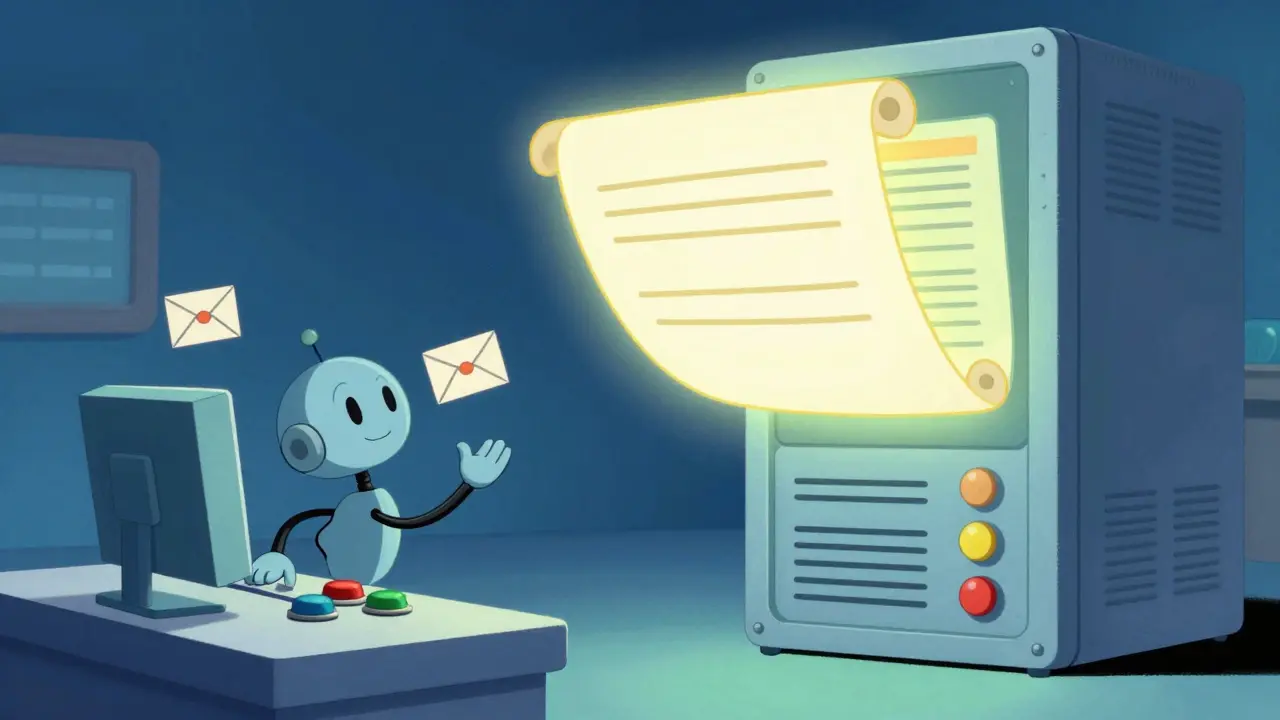 Robot operator sorting simple and complex queries at a futuristic switchboard.