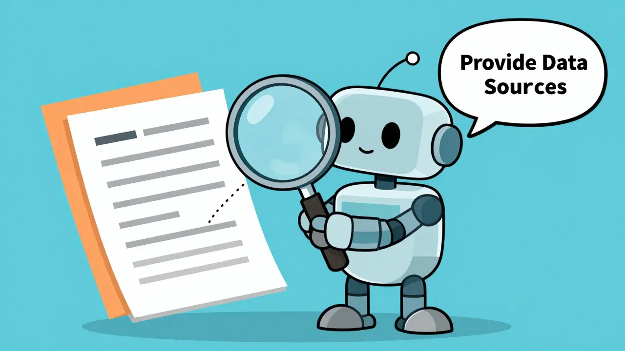Robot using a magnifying glass to link AI answers to specific document sources.