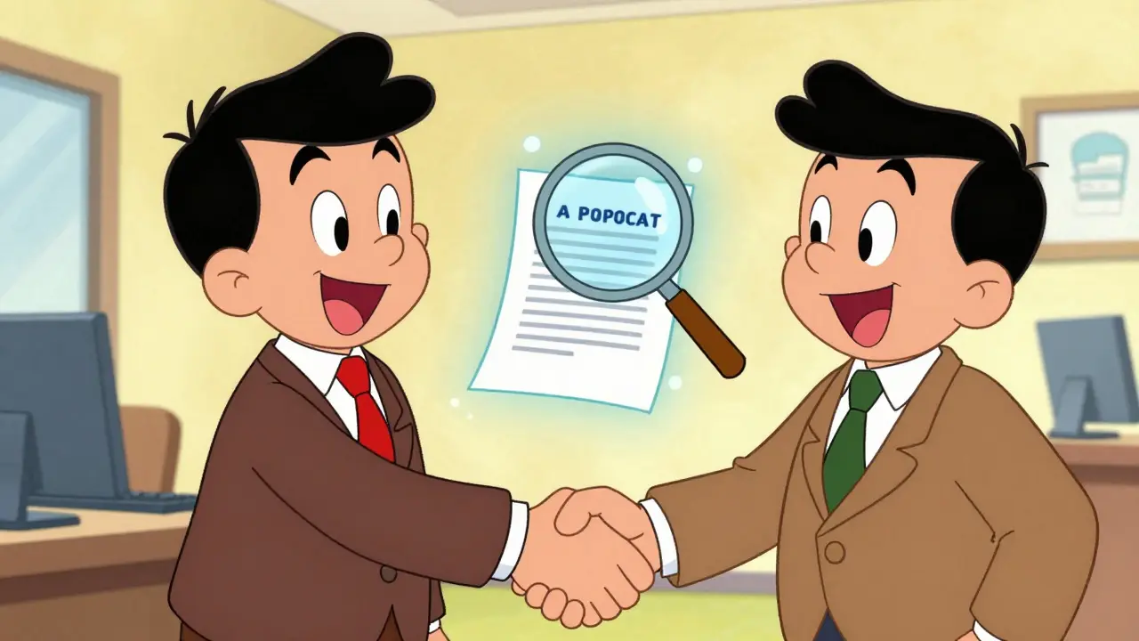 Salesman and client shaking hands with a personalized AI-generated proposal floating between them.