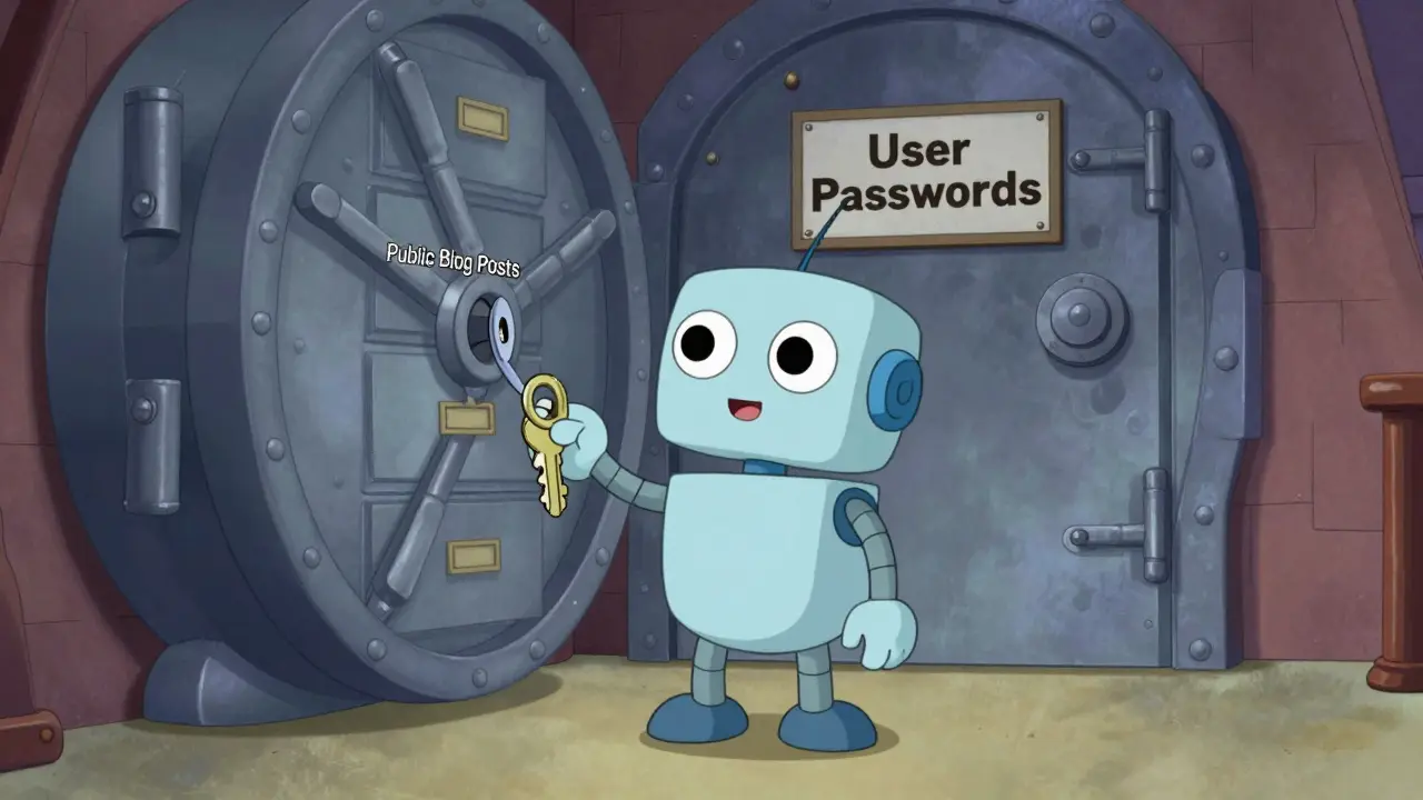 Small AI robot with a limited key standing next to a giant locked security vault.