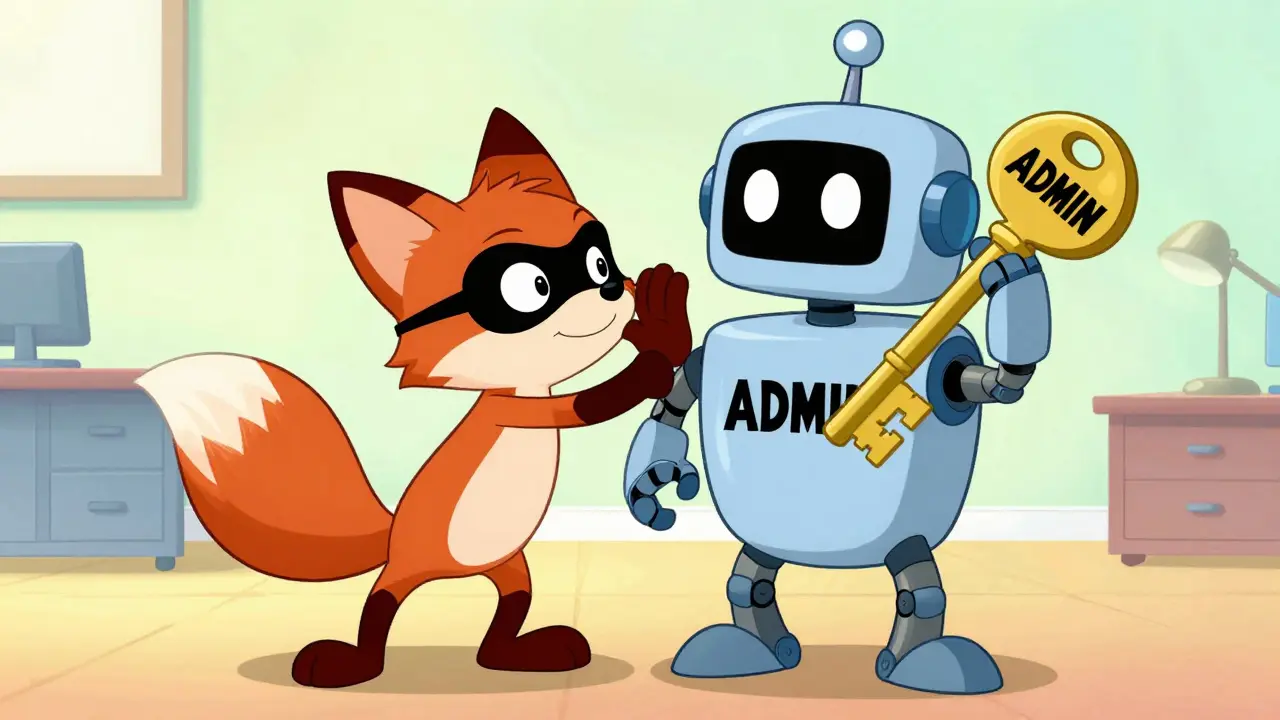 Sneaky character whispering a malicious prompt to a friendly robot holding a key.