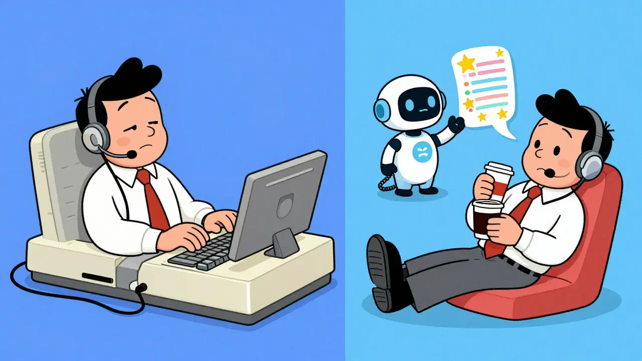 Split scene showing a bored man doing manual CRM entry versus an AI robot automating the process.