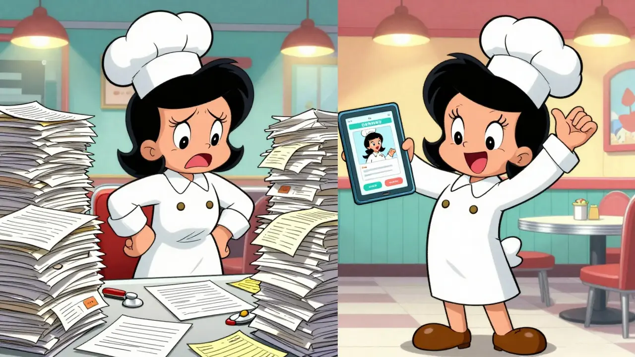 Split-screen cartoon showing a restaurant owner moving from paperwork chaos to a custom app.