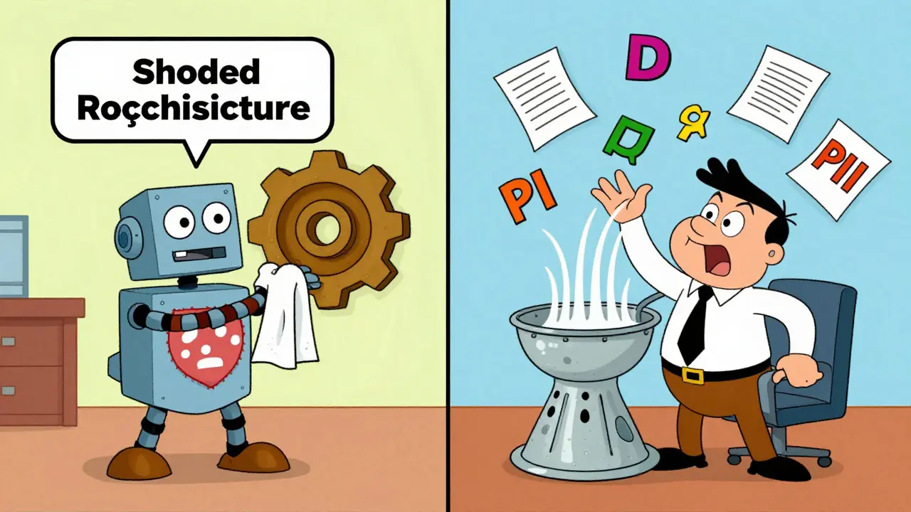 Split-screen cartoon showing a robot maintaining a model and a human filtering data leaks.