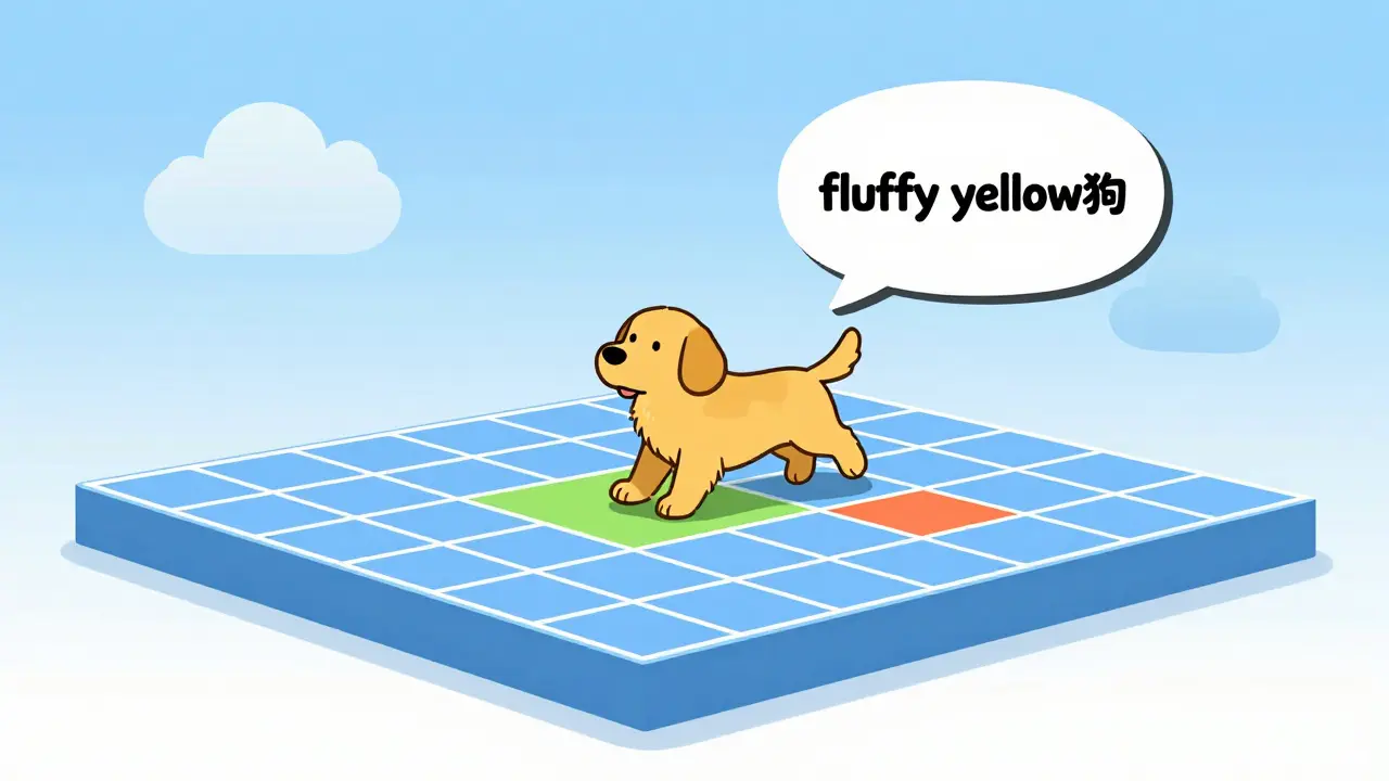 Stylized illustration of a dog and a text phrase meeting at the same point on a digital grid.