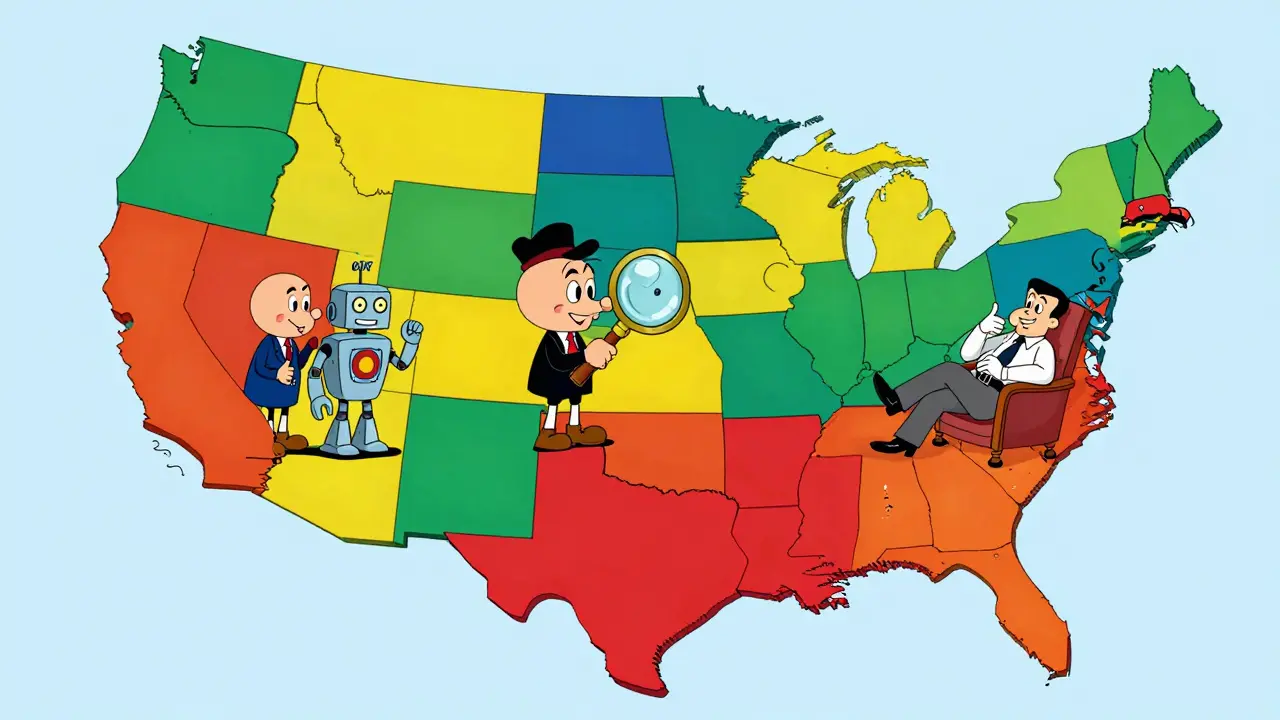 Stylized map of USA showing different AI legal requirements in various states.