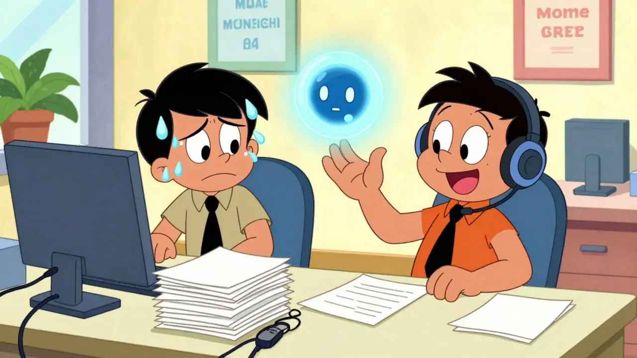 Two workers compare manual versus automated workflow tasks