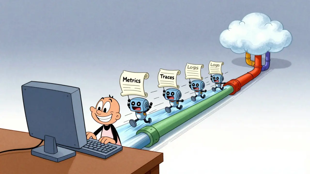 Whimsical robots carrying data logs and metrics through pipes in a classic cartoon style.