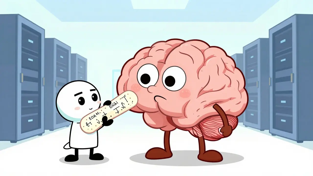 AI brain getting quick patch from assistant in cartoon style