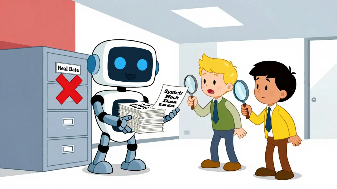 AI robot distributing safe synthetic data papers to relieved employees
