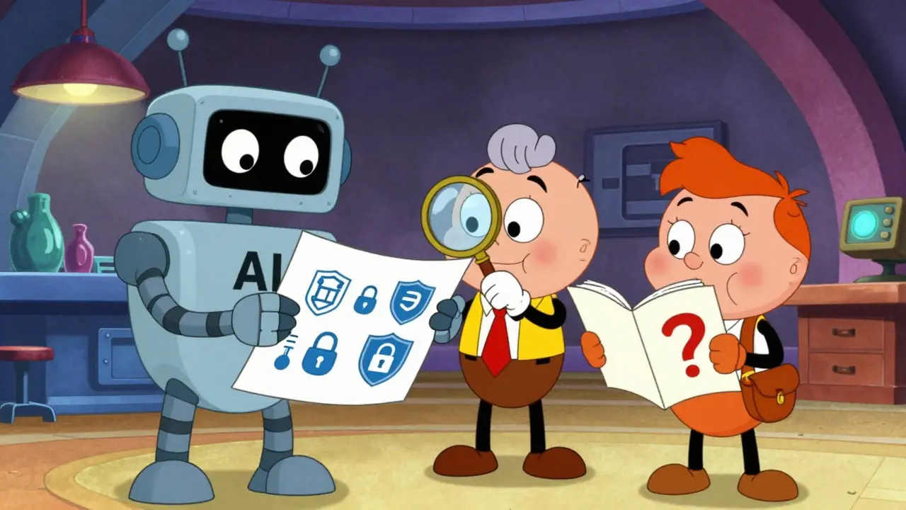Animated AI robot giving secure code to architect and explanations to junior dev