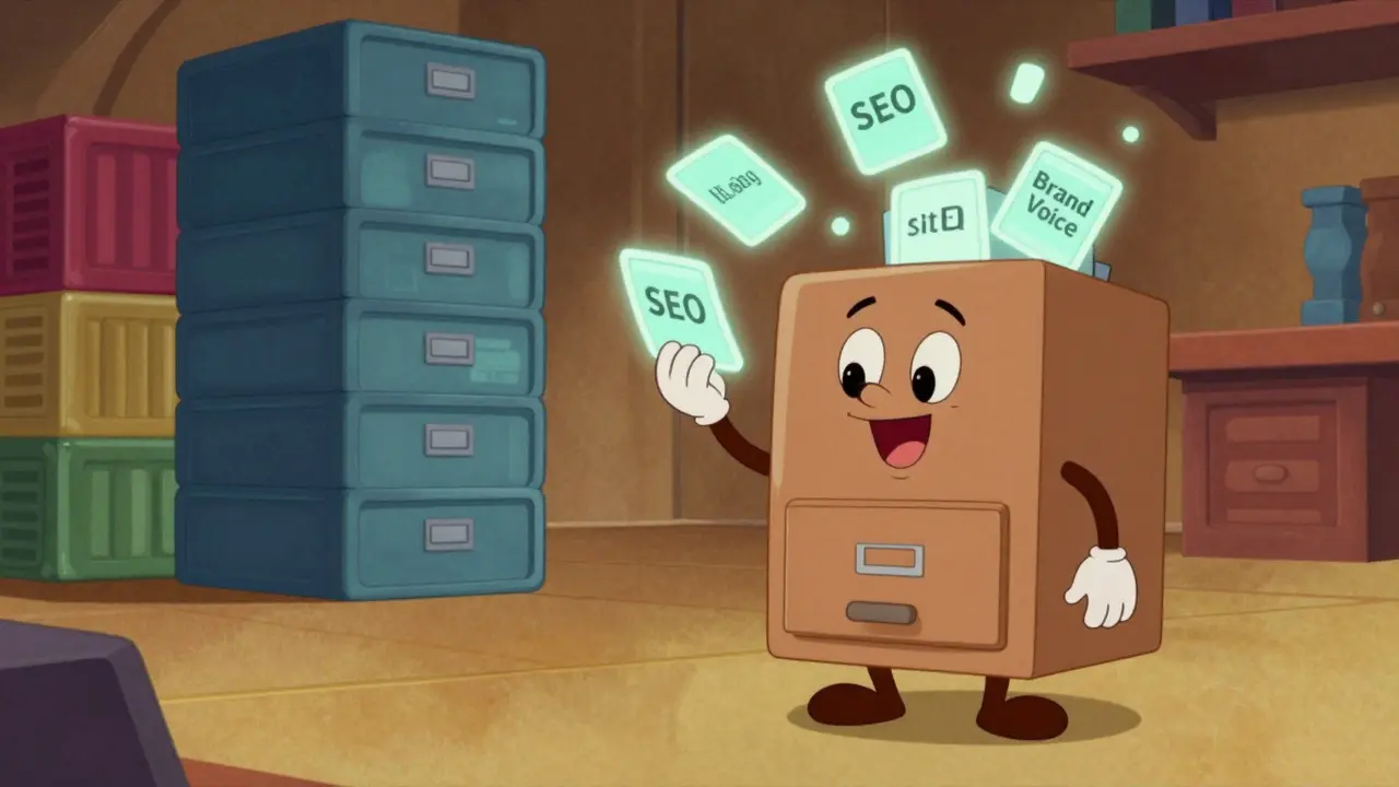 Animated filing cabinet organizing digital content tags