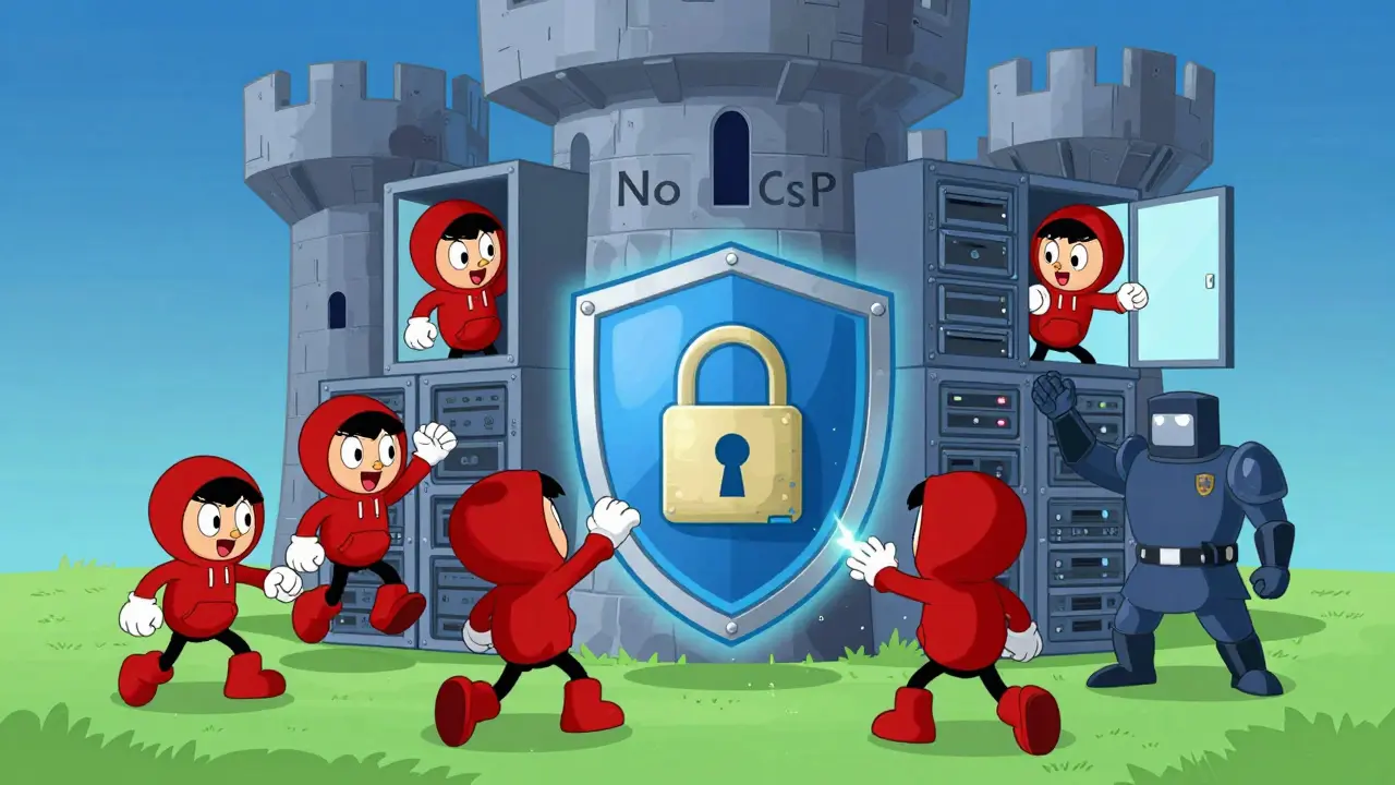 Animated hackers bouncing off secure digital fortress shield