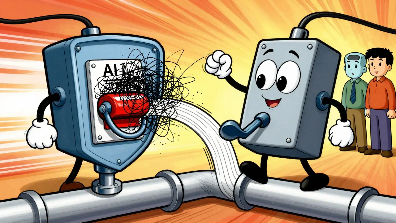 Animated industrial switch blocking chaotic data streams while allowing safe responses through.