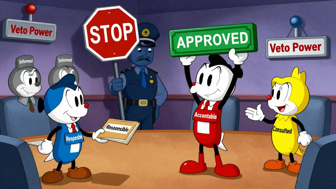 Boardroom scene illustrating RACI roles and veto power decisions