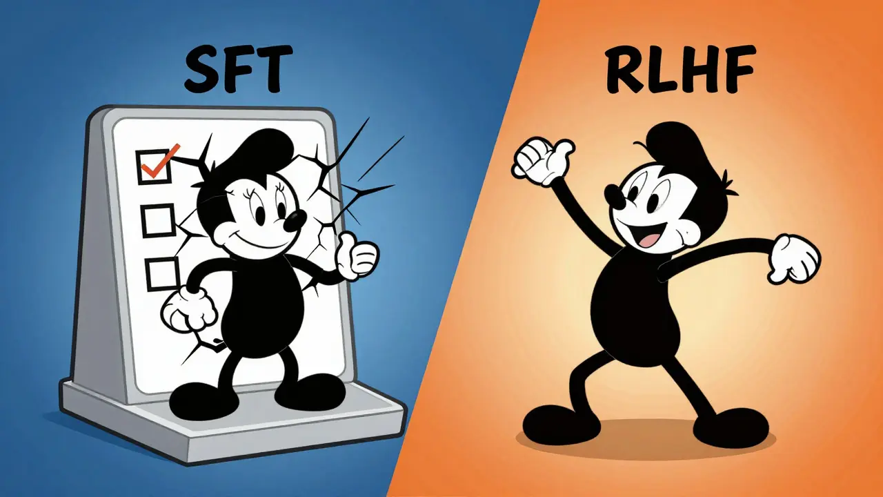 Brittle vs flexible characters illustrating SFT and RLHF training methods in cartoon style.