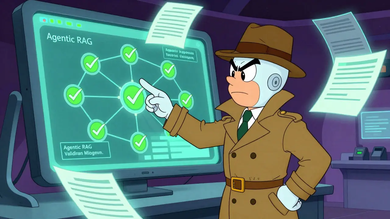Cartoon AI agent validating information on monitor