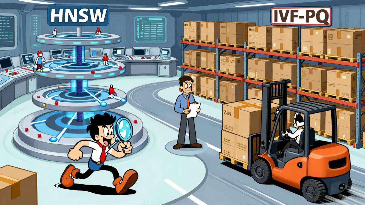 Cartoon comparison of HNSW precision graph and IVF-PQ scalable warehouse for data indexing.