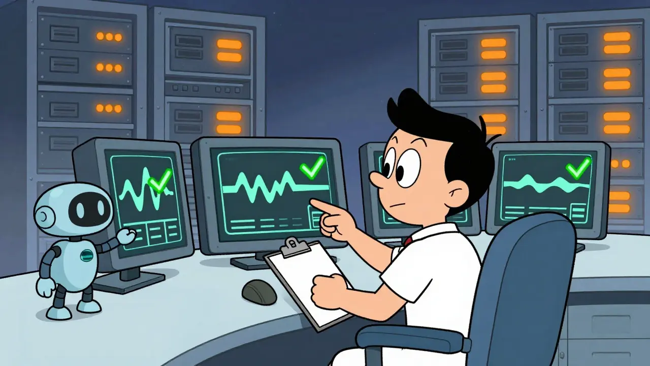 Cartoon engineer monitoring healthy AI system metrics on retro-futuristic screens
