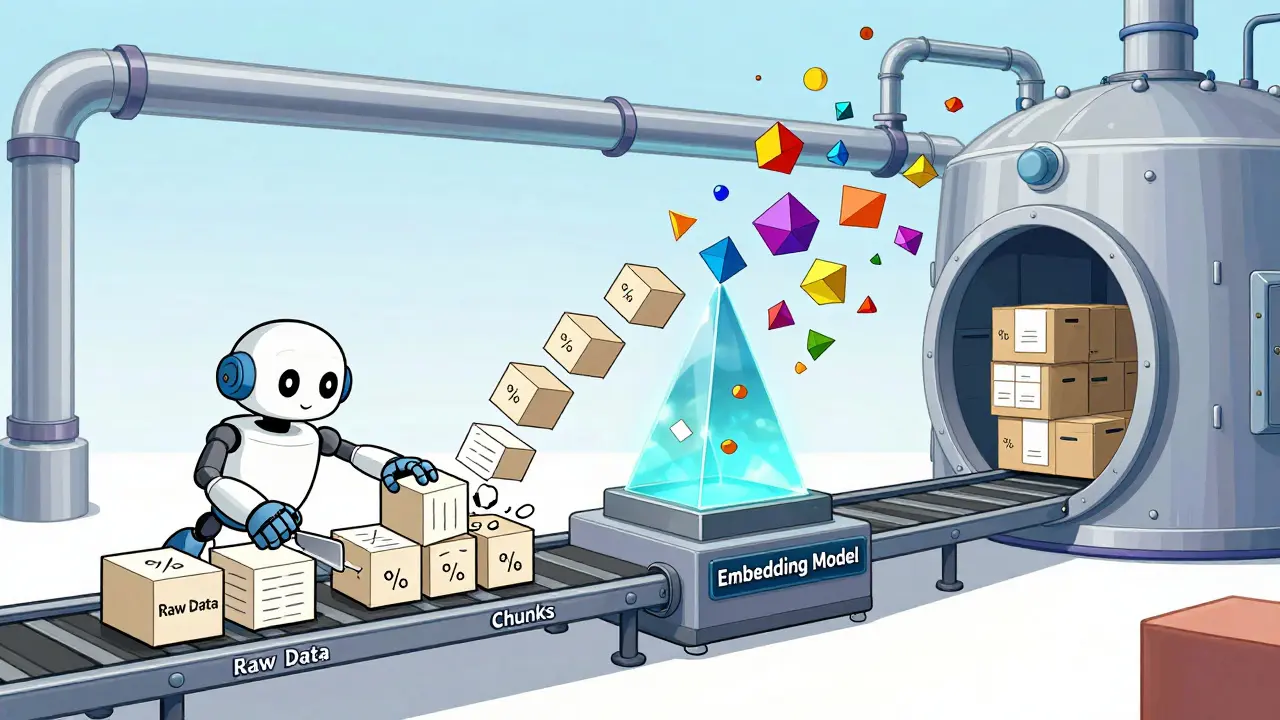 Cartoon factory pipeline turning raw documents into neat chunks and colorful vector shapes.