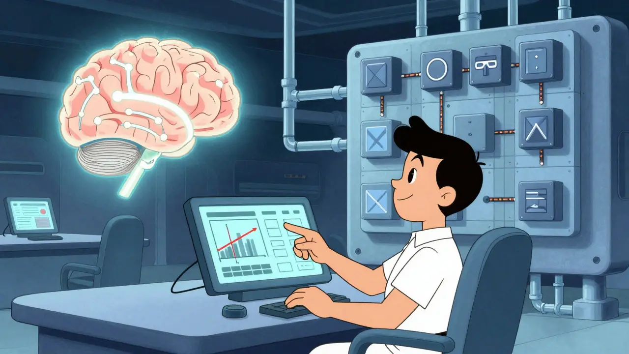 Cartoon of a hybrid neuro-symbolic AI system with clear data flow