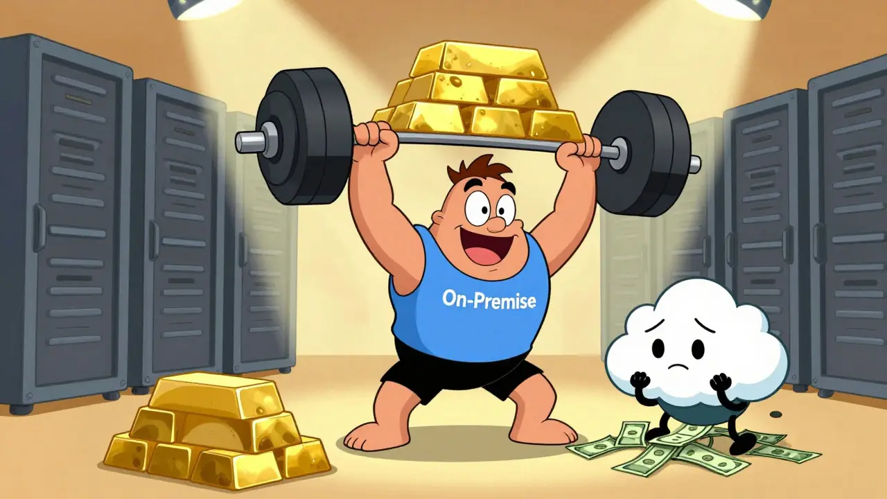 Cartoon server characters comparing on-premise vs cloud costs