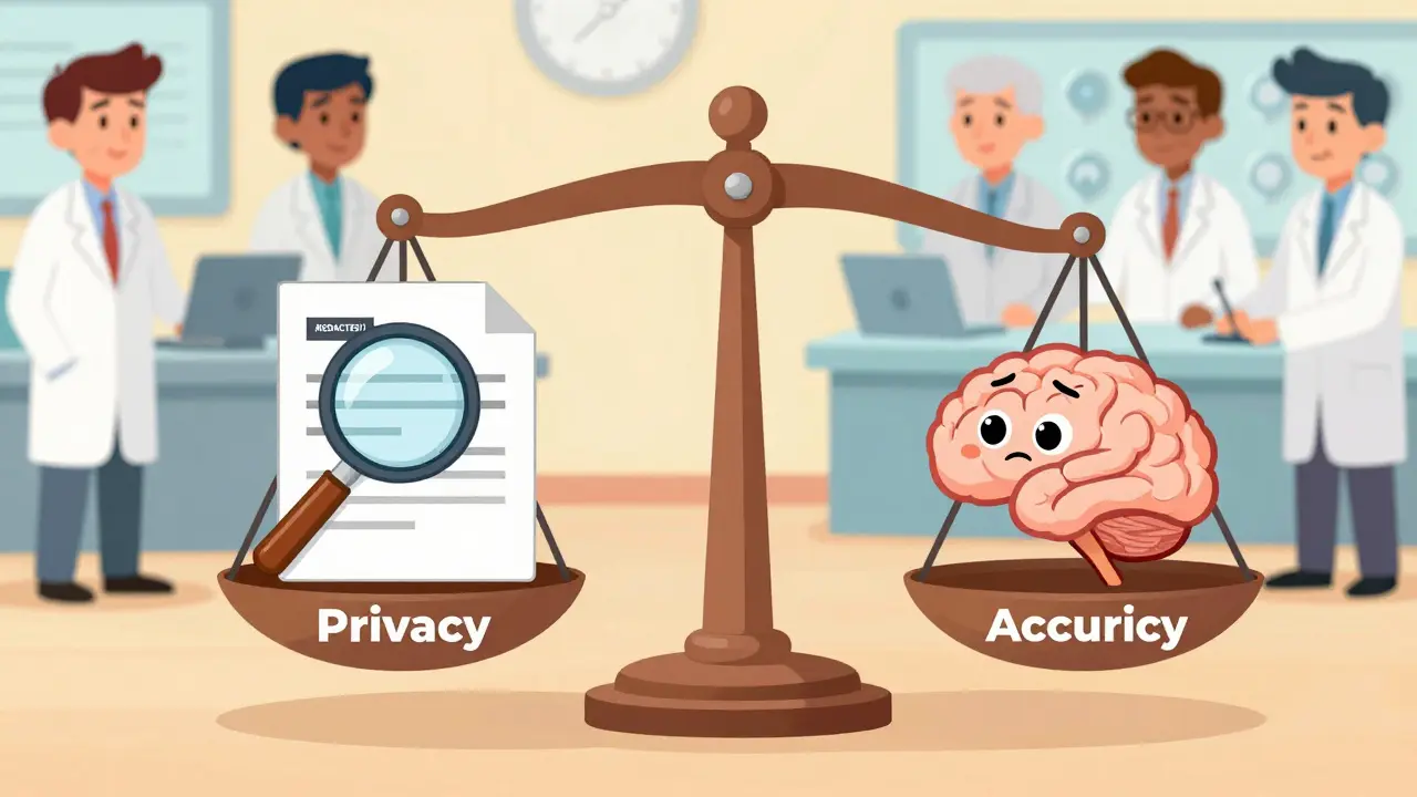 Cartoon showing a balance scale between data privacy redaction and AI answer accuracy.