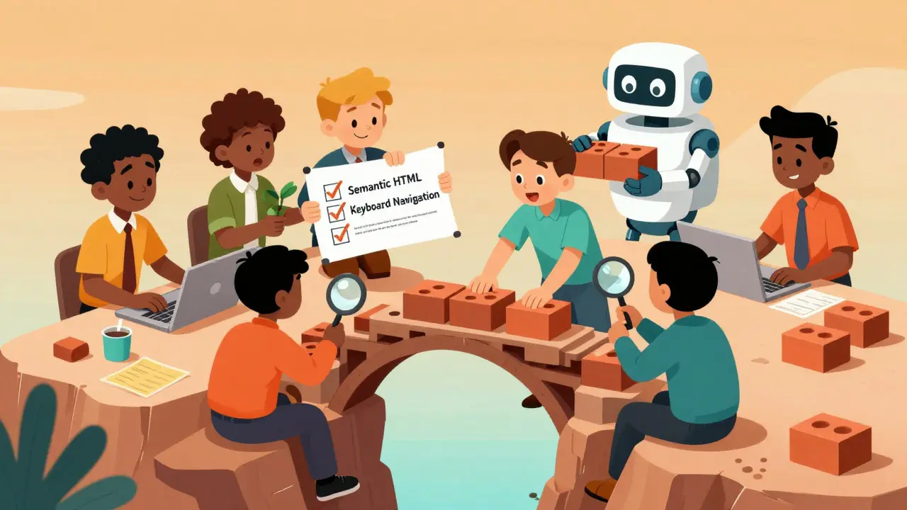 Cartoon team building a bridge for accessible AI design with blueprints and tools