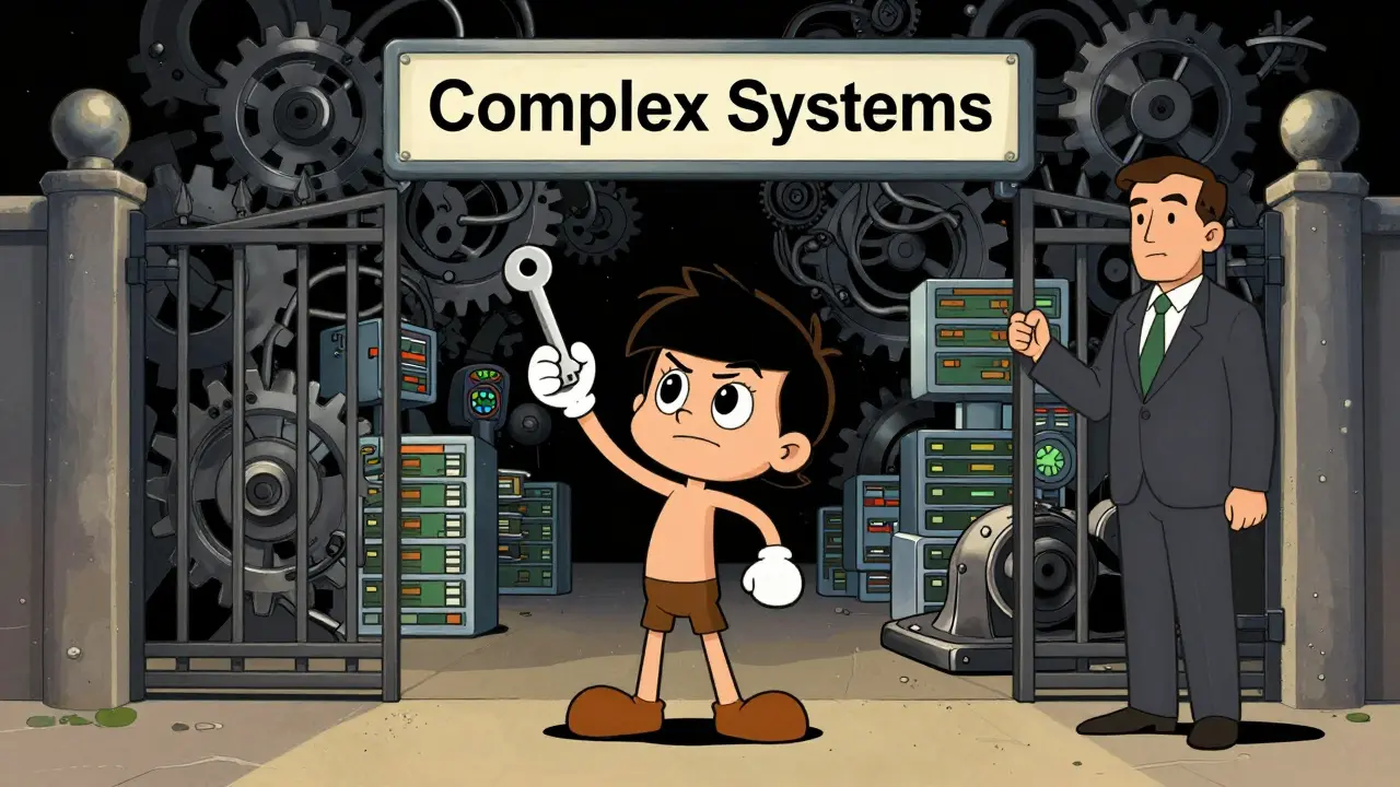 Cartoon user facing complex system limits, assisted by a developer