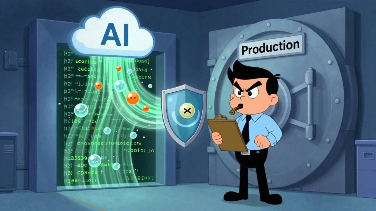 Compliance officer filtering AI code through a safety shield before deployment