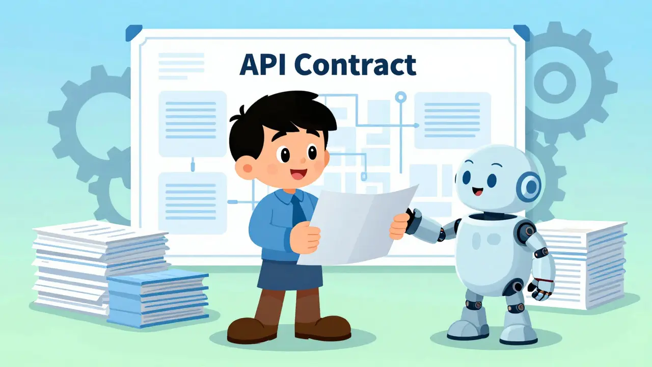 Developer sharing clear API blueprint with friendly AI robot assistant