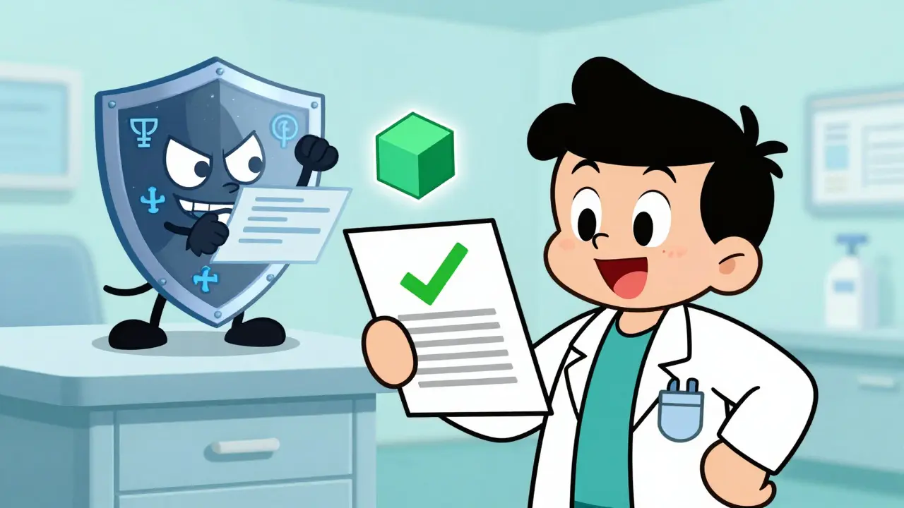 Doctor securing medical records with blockchain against fraud attempts.