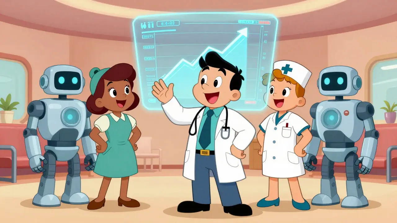 Doctors and AI robots collaborating happily in a clinic setting