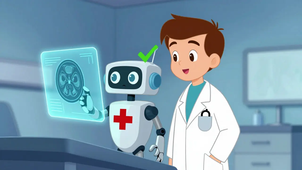 Friendly medical AI robot assisting a doctor with diagnostics