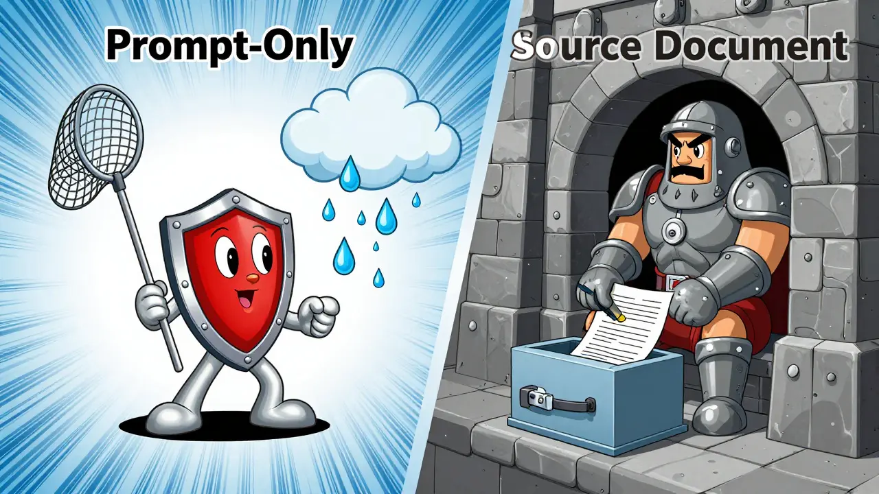 Illustration comparing real-time prompt shielding vs offline source document redaction methods.