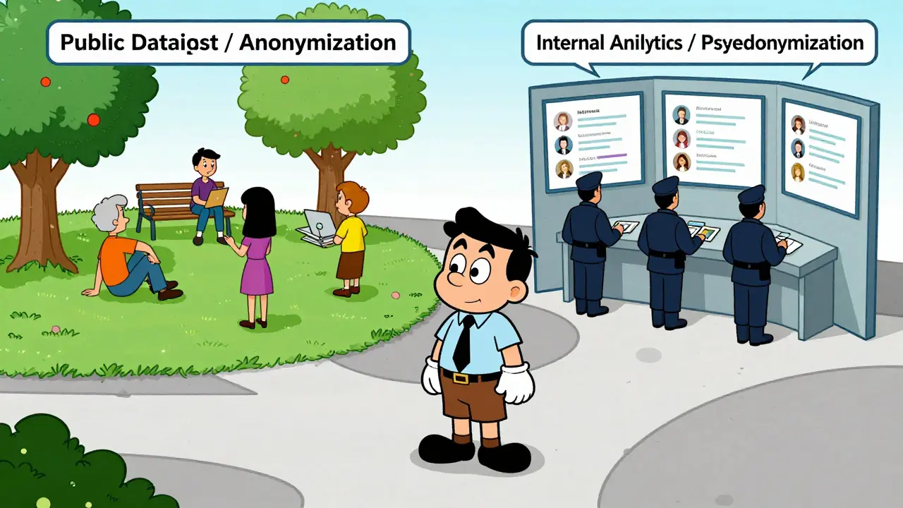 Illustration of a businessman choosing between public anonymized data paths and secure internal pseudonymized analytics.