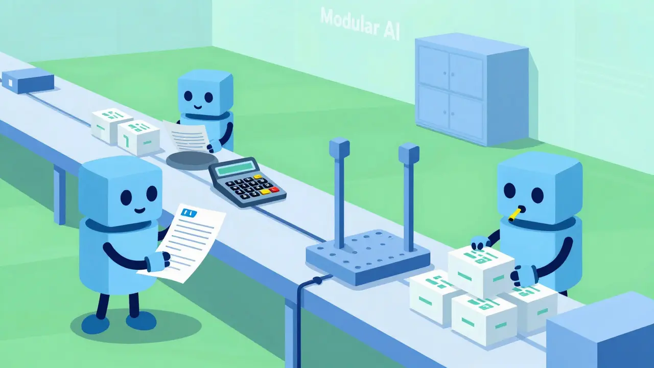 Illustration of modular AI robots working efficiently on an assembly line