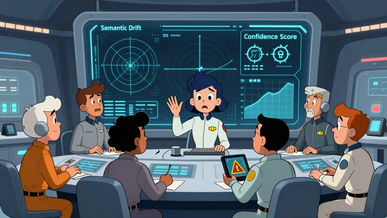 Retro animated team monitoring AI health metrics on a futuristic control panel dashboard.