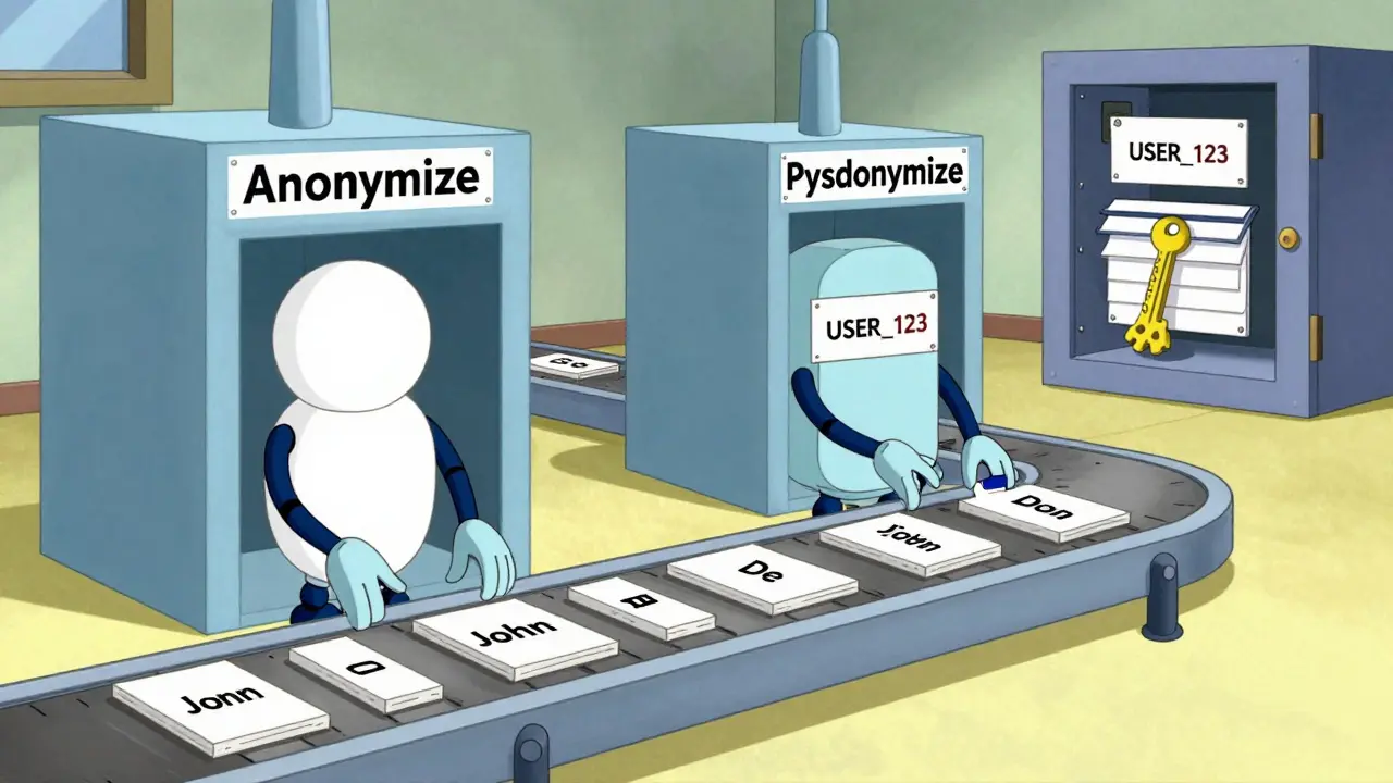 Retro cartoon showing data being processed into either anonymous blanks or tagged pseudonyms with a secure key vault.