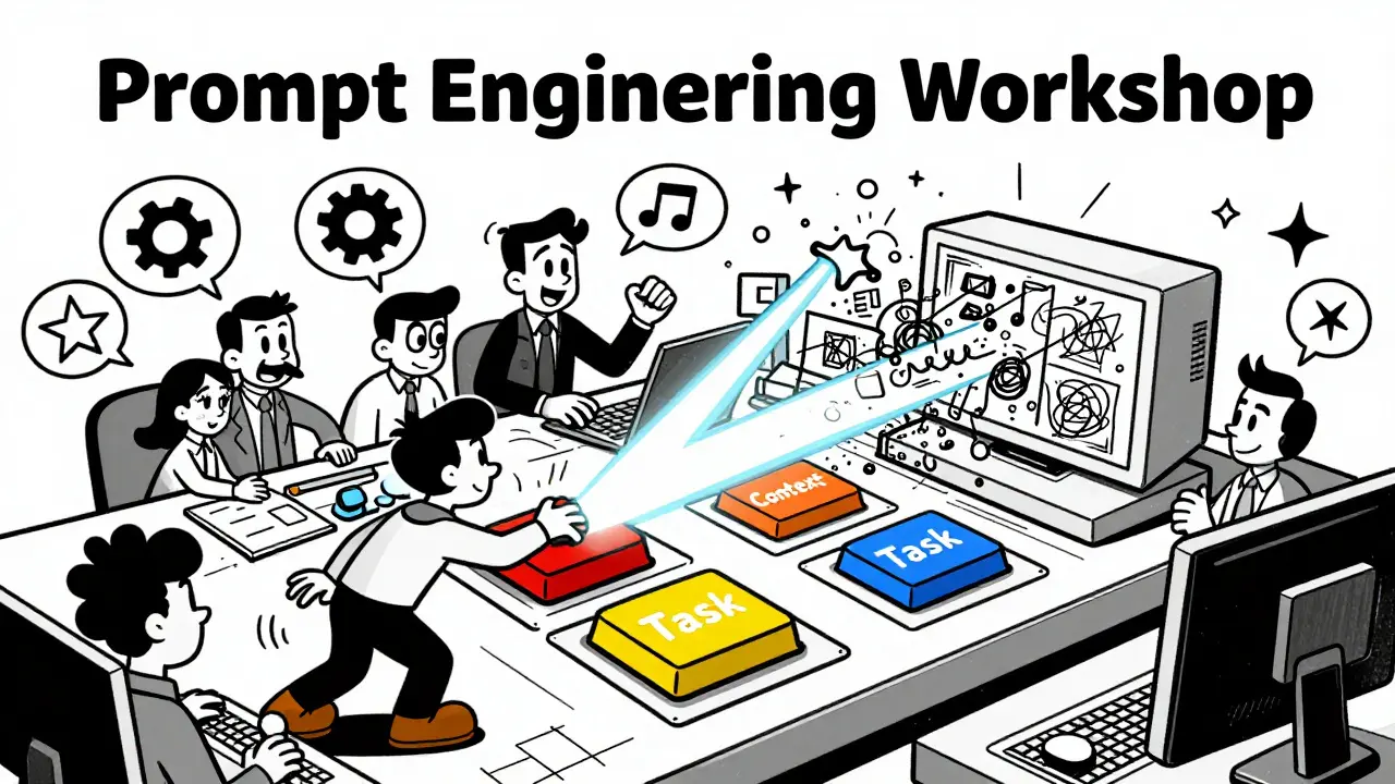 Retro cartoon team using a control panel to structure coding prompts effectively