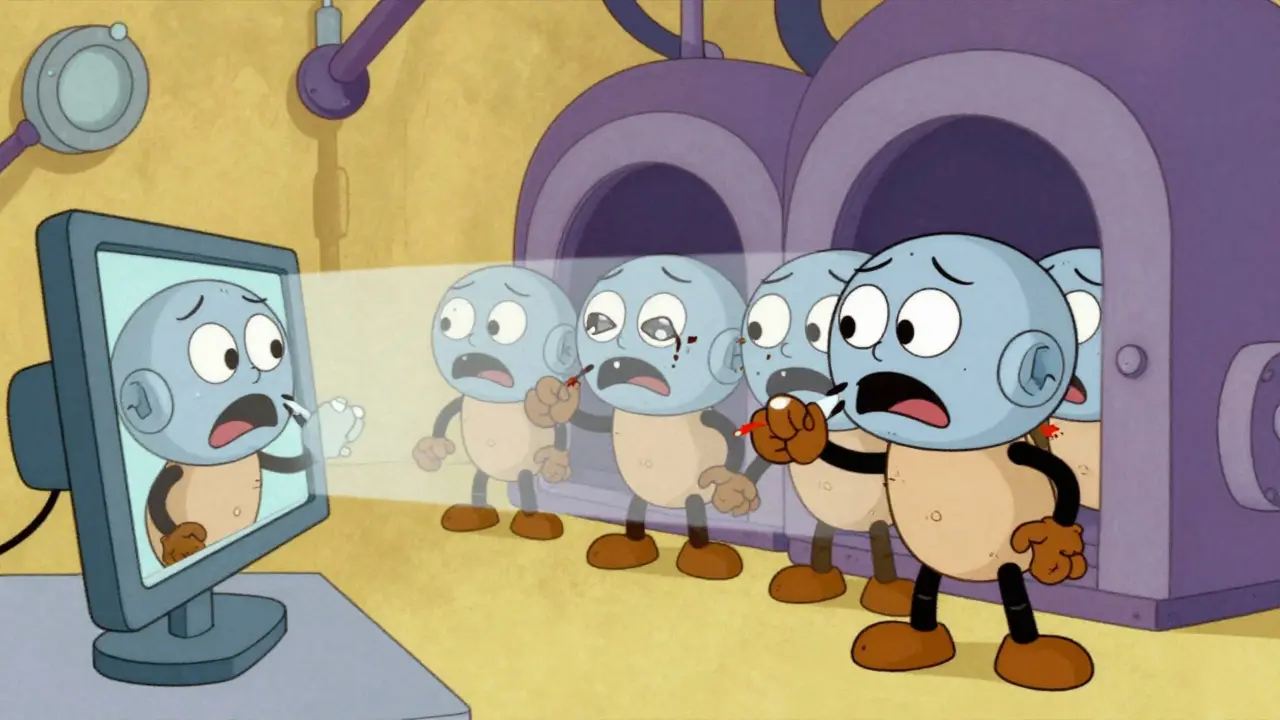 Robot feeding itself into a machine, creating confused clones in retro animation style.