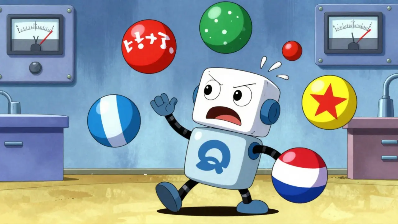 Robot juggling language balls showing performance imbalance