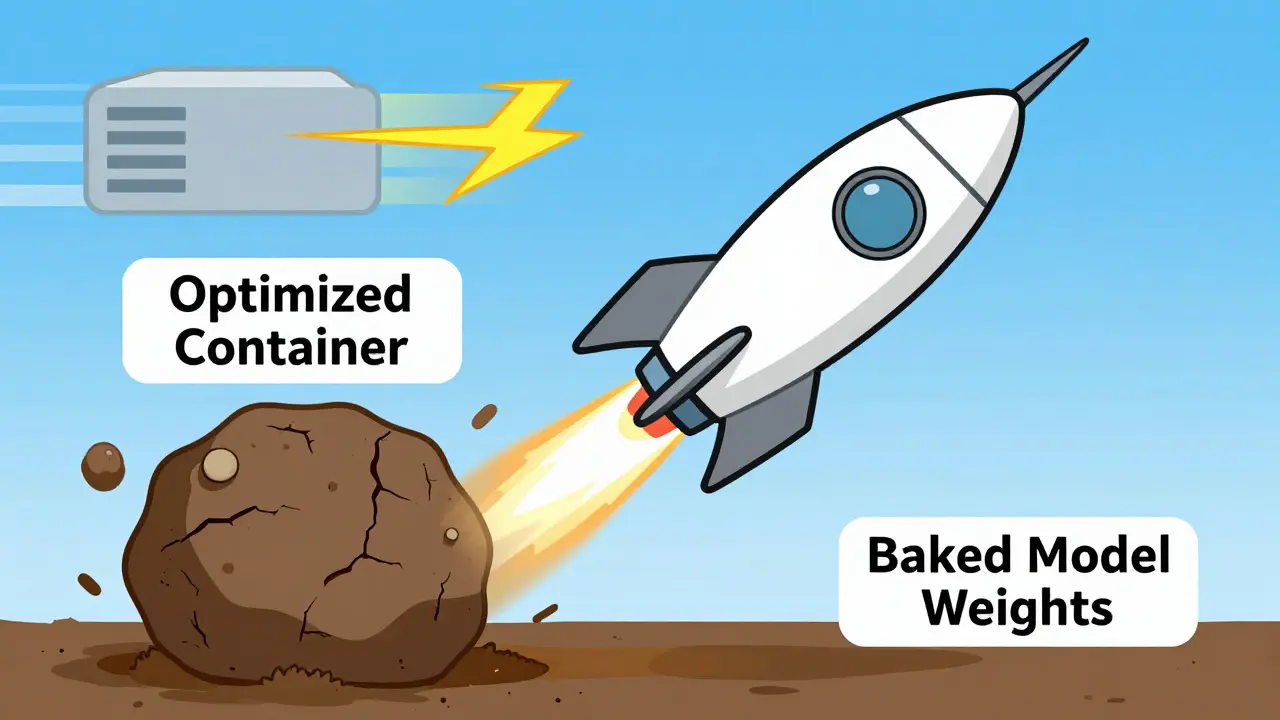 Rocket launching away from heavy boulder symbolizing optimized containers