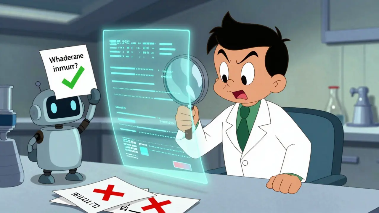 Scientist verifying data quotes with magnifying glass and robot aid