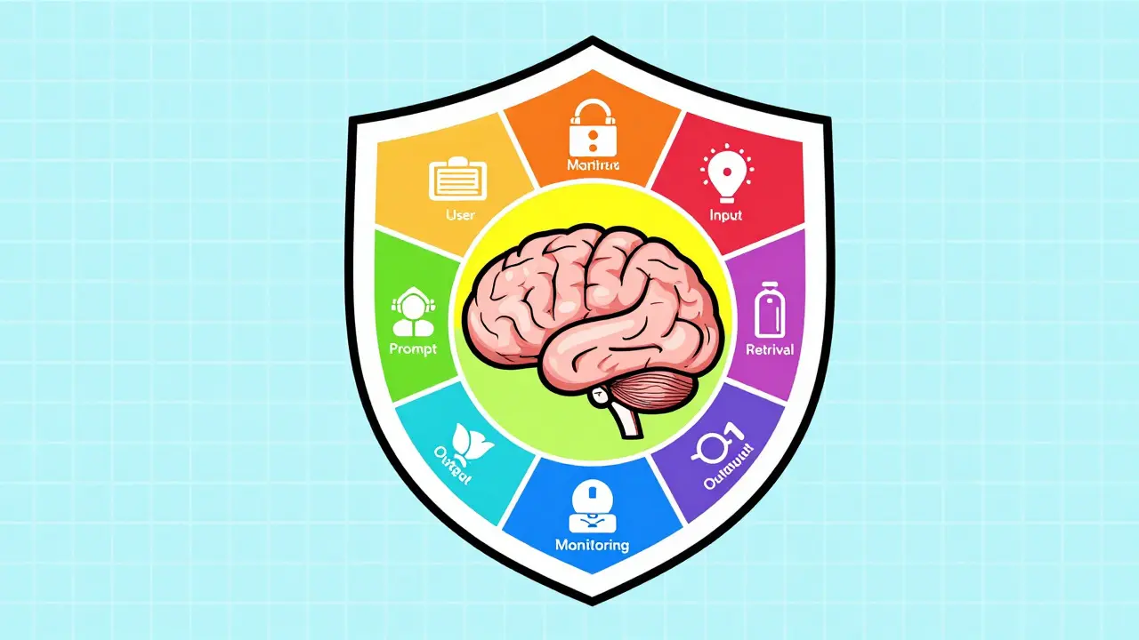 Seven-layer shield protecting an AI brain in cartoon style