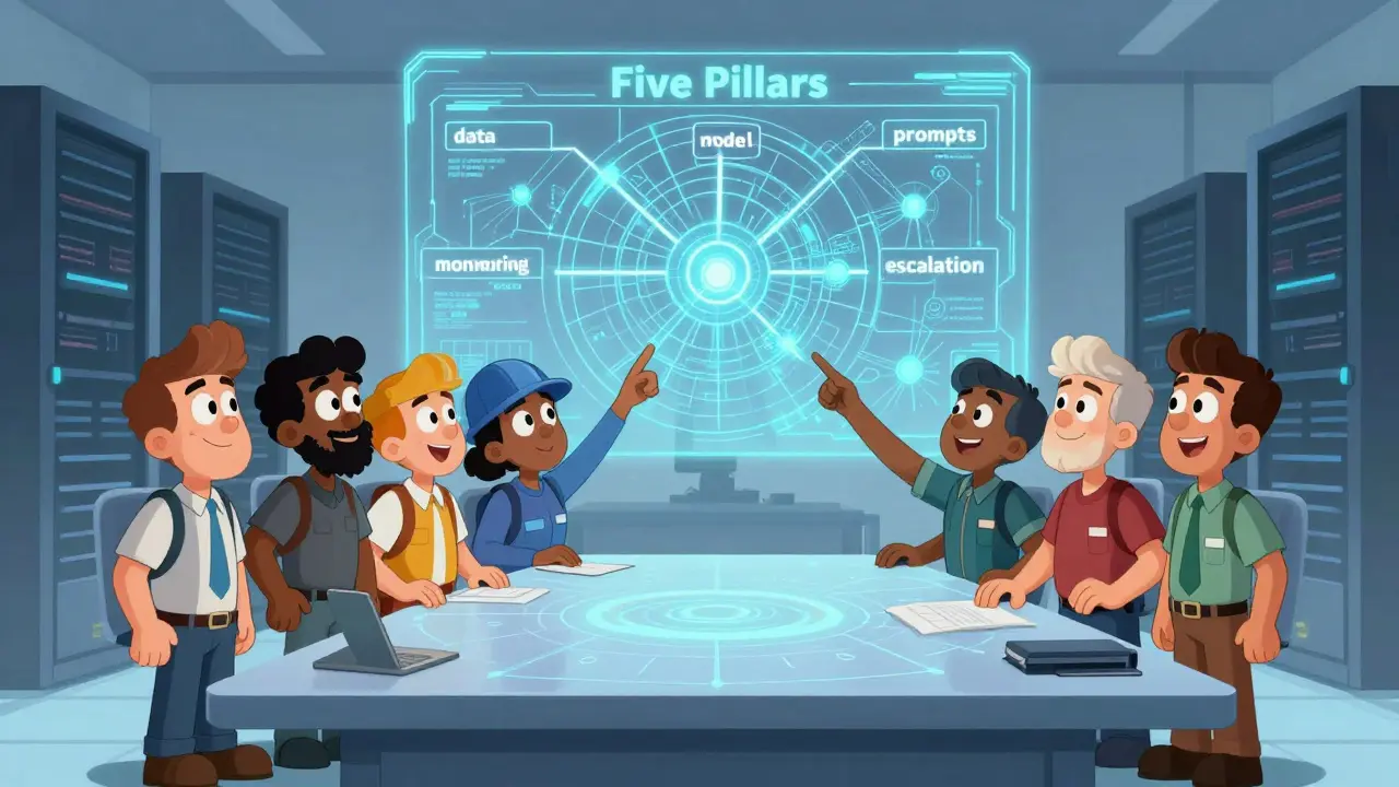 Team of engineers reviewing a holographic ownership map in a stylized server room.