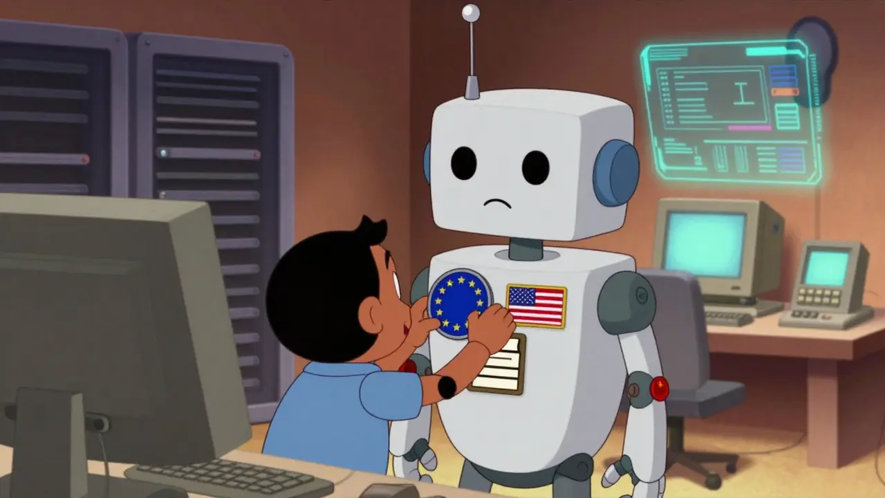 Technicians adding regional compliance badges to a retro-futuristic AI robot in a server room.