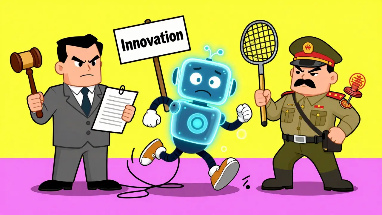 Three cartoon figures representing EU, US, and China AI laws surrounding a confused robot.