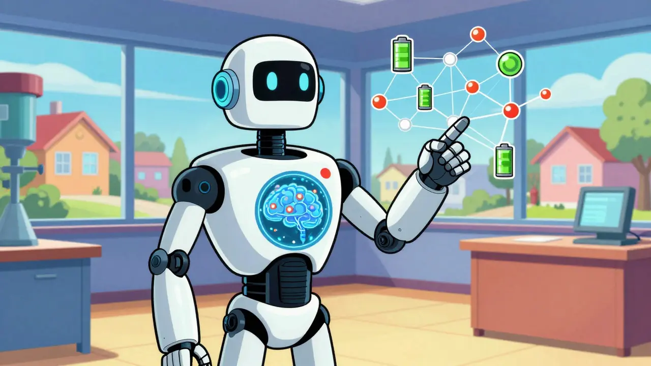 Animated AI robot connecting molecular dots and analyzing battery data.